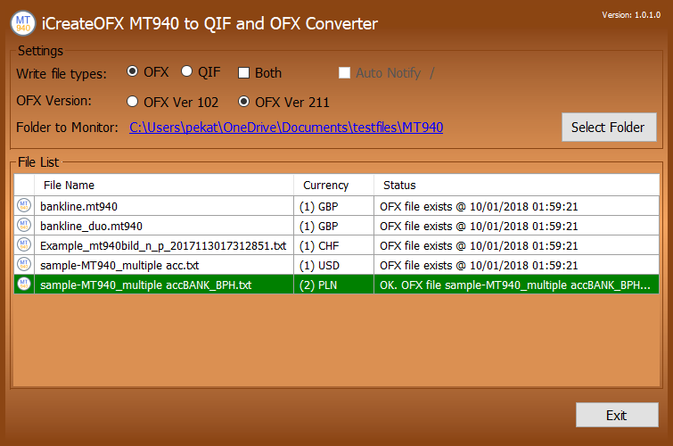 MT940 to OFX main screen